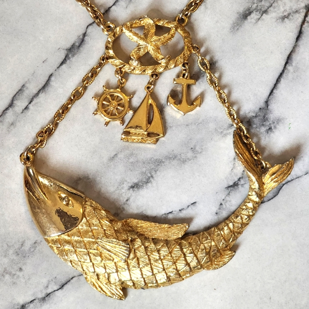 Nautical Fish Sailboat Gold Necklace Anchor Steering Wheel